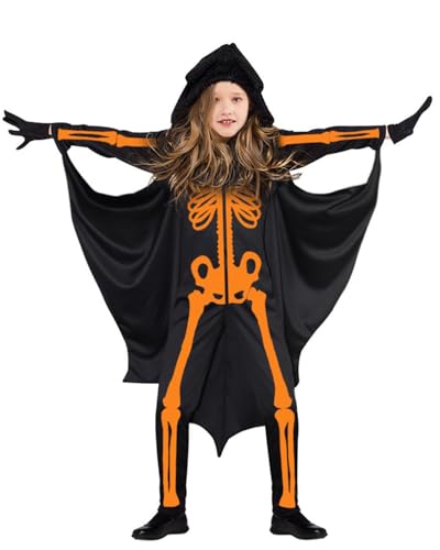 Koongso Unisex-Kinder-Halloween-Kostüm, schwarzer Fledermaus-Vampir-Totenkopf-Knochen-Overall mit Kapuze und Fledermaus-Umhang, Handschuhen für Rollenspiele, Maskerade, Party, Karneval, Schule, Bühne von Koongso