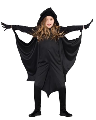 Koongso Unisex-Kinder-Halloween-Kostüm, schwarzer Fledermaus-Vampir-Totenkopf-Knochen-Overall mit Kapuze und Fledermaus-Umhang, Handschuhen für Rollenspiele, Maskerade, Party, Karneval, Schule, Bühne von Koongso