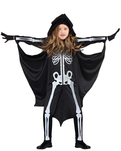 Koongso Unisex-Kinder-Halloween-Kostüm, schwarzer Fledermaus-Vampir-Totenkopf-Knochen-Overall mit Kapuze und Fledermaus-Umhang, Handschuhen für Rollenspiele, Maskerade, Party, Karneval, Schule, Bühne von Koongso