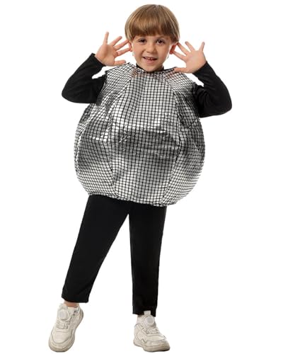 Koongso Unisex-Kinder-Kostüm mit Spiegelball, silberfarben, Tunika, mit schwarzem Overall, Halloween, 70er-, 80er-Jahre-Party, Rollenspiel, Verkleidung, Schule, Bühnen-Outfit, Requisiten von Koongso