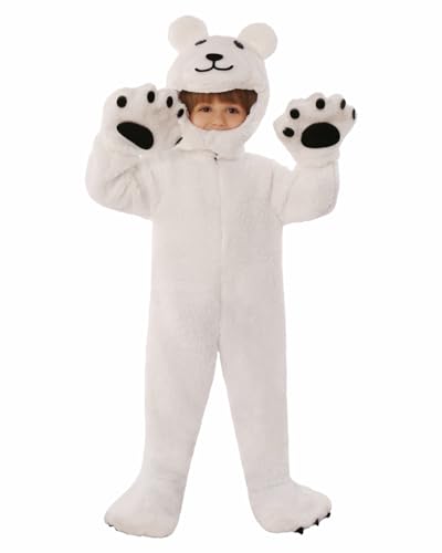 Koongso Weißer Bär-Kostüm für Uni-Kinder, Jungen und Mädchen, Eisbär, Neuheit, Overall mit Kopfbedeckung, Handschuhen, Kind, Halloween, Weihnachten, Party, Einteiler, Tier-Nachtwäsche von Koongso