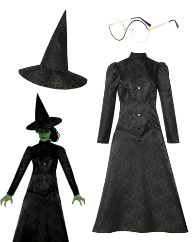 Koongso Wicked Elphaba Kostüm für Damen, Wicked Black Dress Gothic Langarm Partykleid mit Hut Halloween Böse Hexe Cosplay Outfit von Koongso