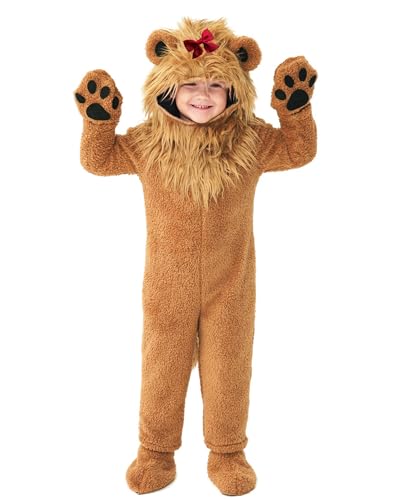 Löwenkostüm Tier Halloween Kostüm Onesie für Kinder, Feiger Löwe Faschingskostüm Löwe Overall mit Schwanz und Kapuze für Jungen Mädchen von Koongso