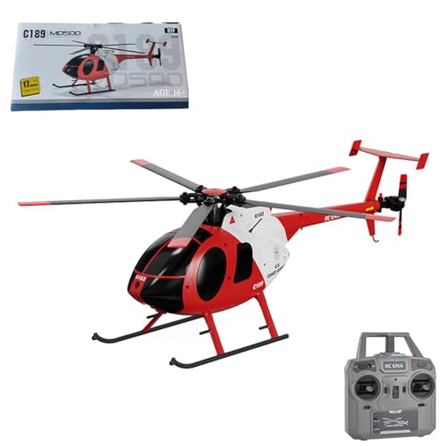 C189 Ferngesteuerter Hubschrauber, MD500 2,4G 6CH 1:28 Bürstenloser Motor RC Hubschrauber Single Blade Flybarless Remote Hubschrauber RTF mit optischer Flusslokalisierung (Rot und Weiß(1 Batterie)) von Kopeetechy