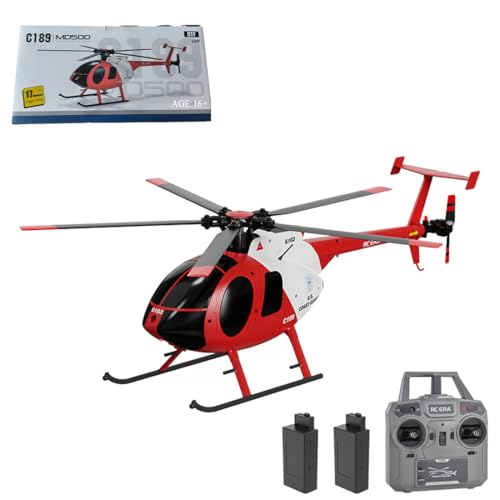 C189 Ferngesteuerter Hubschrauber, MD500 2,4G 6CH 1:28 Bürstenloser Motor RC Hubschrauber Single Blade Flybarless Remote Hubschrauber RTF mit optischer Flusslokalisierung (Rot und Weiß(2 Batterien)) von Kopeetechy