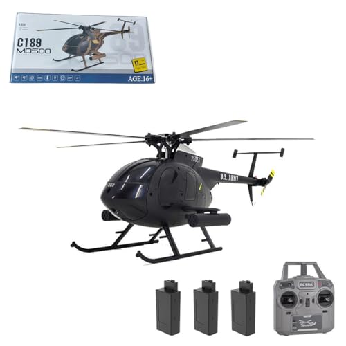 C189 Ferngesteuerter Hubschrauber, MD500 2,4G 6CH 1:28 Bürstenloser Motor RC Hubschrauber Single Blade Flybarless Remote Hubschrauber RTF mit optischer Flusslokalisierung (Schwarz(3 Batterien)) von Kopeetechy