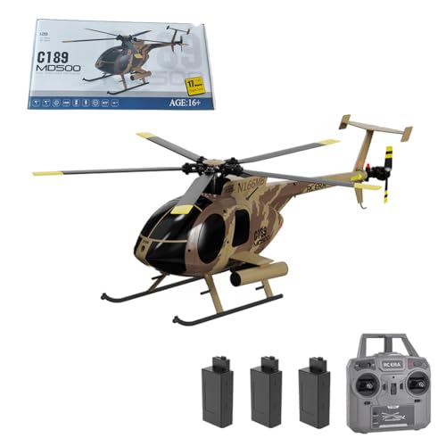 C189 Ferngesteuerter Hubschrauber, MD500 2,4G 6CH 1:28 Bürstenloser Motor RC Hubschrauber Single Blade Flybarless Remote Hubschrauber RTF mit optischer Flusslokalisierung (Tarnfarben(3 Batterien)) von Kopeetechy