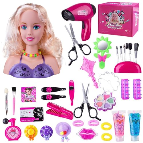 Kopeetechy Frisierkopfpuppe für Kinder, Frisierpuppenkopf mit Haartrockner, Frisierkopf für Prinzessinnenpuppen, Zubehör für Haare & Make-up, Spielzeug für Mädchen ab 3 Jahren von Kopeetechy