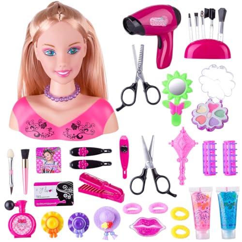 Kopeetechy Frisierkopfpuppe für Kinder, Frisierpuppenkopf mit Haartrockner, Frisierkopf für Prinzessinnenpuppen, Zubehör für Haare & Make-up, Spielzeug für Mädchen ab 3 Jahren von Kopeetechy