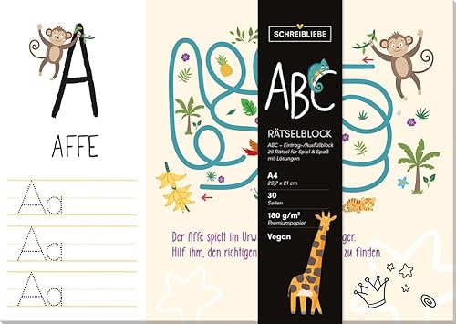 ABC- Rätselblock - Alphabet-Rätselblock für Kinder mit Rätseln und Spiele - Korsch-Verlag - 29,7 cm x 21 cm - vegan - SchreibLiebe von Korsch Verlag