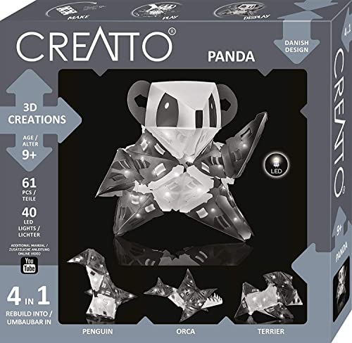 KOSMOS 3577 CREATTO Panda 3D-Leuchtfiguren entwerfen, 3D-Puzzle-Set für Panda, Pinguin, Schwert-Wal, Terrier, kreative Zimmer-Deko, 61 Steckteile, 40-tlg.LED-Lichterkette, Silver von Thames & Kosmos