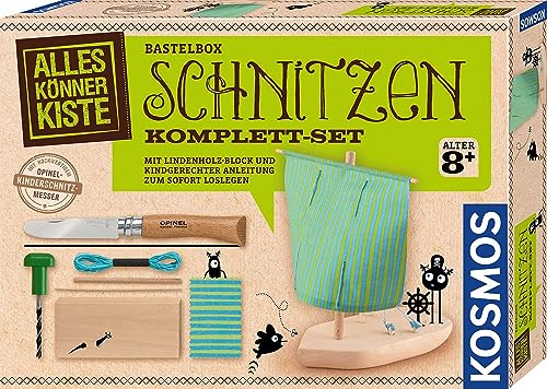 KOSMOS 604608 AllesKönnerKiste Schnitzen Komplett-Set, mit Kinder-Schnitzmesser, Lindenholz-Block, Boot selber schnitzen, Schnitz-Set, Bastel-Set für Kinder ab 8 Jahre von KOSMOS