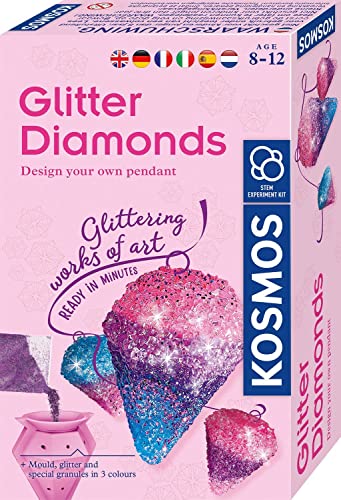 KOSMOS 616946 Glitzer-Diamanten, Funkelnde Schmuck-Anhänger gestalten, mit Gießformen, Schmuckbändern, Glitzer, Granulat in 3 Farben, Experimentierset für Kinder von 8-12 Jahren, Multisprache von Kosmos