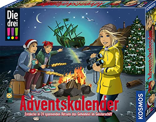 KOSMOS 632458 Die drei !!! Adventskalender, Entdecke das Geheimnis des Geisterschiffs, mit 24 Detektiv-Gimmicks, Spielzeug-Adventskalender für Kinder ab 8 Jahre, Die drei Ausrufezeichen von Kosmos