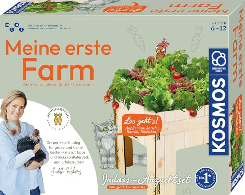 KOSMOS 637262 Meine erste Farm mit Judith Rakers, Minihochbeet für die Fensterbank, Gemüse Pflanzset für Kinder ab 6 Jahre mit Samen für Kresse, Salat, Radieschen und Tomate von Kosmos