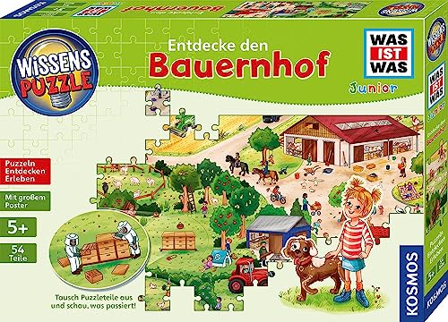 KOSMOS 682651 Wissenspuzzle was IST was Junior Entdecke den Bauernhof, für Kinder ab 5 Jahre, 54 Puzzle-Teile, Vorlesegeschichte, spannende Infos über Farm-Leben und Tiere, Wimmelbild Puzzle von Kosmos