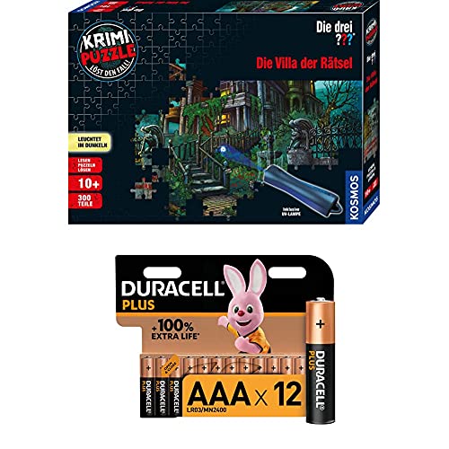 KOSMOS 697976 - Krimi Puzzle: Die drei ??? - Die Villa der Rätsel, Leuchtet im Dunkeln, 300 Teile mit UV-Lampe, Lesen - Puzzeln - Rätsel lösen + Duracell Plus AAA Alkaline-Batterien, 12er Pack von KOSMOS