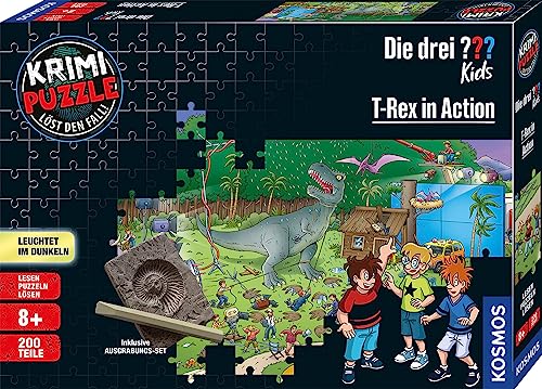 Die drei ??? Kids - Krimi Puzzle - T-Rex in Action von KOSMOS 680657, 200 Teile, Leuchtet im Dunkeln, Lesen, Puzzeln, Rätsel lösen, Detektiv Puzzle für Kinder ab 8 Jahre, Silver von Die drei