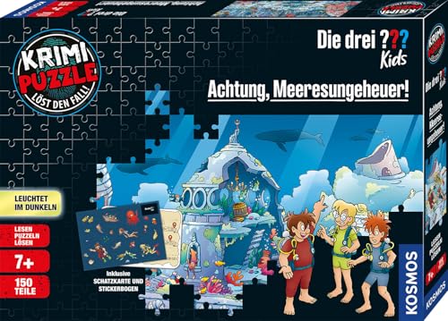 Die drei ??? Kids - Krimi Puzzle - Achtung, Meeresungeheuer von KOSMOS 680664, 150 Teile, Leuchtet im Dunkeln, Lesen, Puzzeln, Rätsel lösen, Detektiv Puzzle für Kinder ab 7 Jahre von Die drei