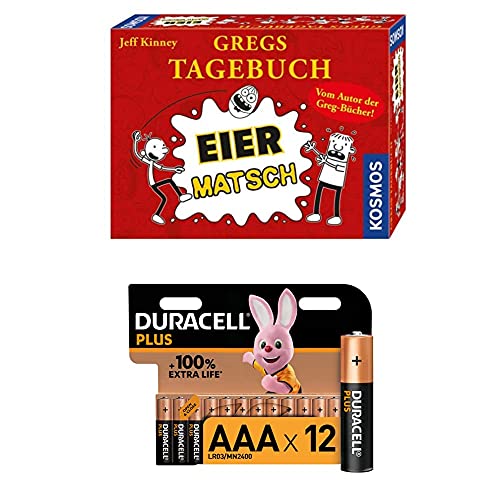 Kosmos 691905 - Gregs Tagebuch - Eier-Matsch, Familienspiel von Jeff Kinney dem Autor von Gregs Tagebücher, für Kinder ab 8 Jahre + Duracell Plus AAA Alkaline-Batterien, 12er Pack von Kosmos