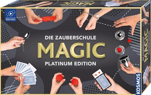 KOSMOS 697082 MAGIC Die Zauberschule - Platinum Edition, 180 Zauber Tricks, viele magische Zauber Utensilien, Zauberkasten für Kinder ab 8 Jahre, bebilderte Anleitung, Online Erklärvideos von Kosmos