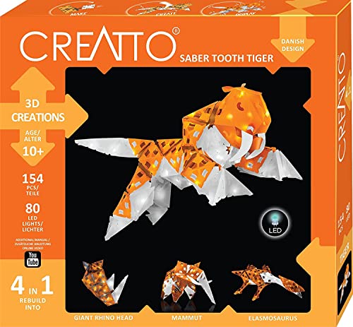 KOSMOS 3676 CREATTO Säbelzahntiger, 3D-Leuchtfiguren entwerfen, 3D-Puzzle-Set für Säbelzahntiger, Echse, Nashornkopf, Mammut, kreative Zimmer-Deko, 154 Teile, 80-tlg LED-Lichterkette von Kosmos