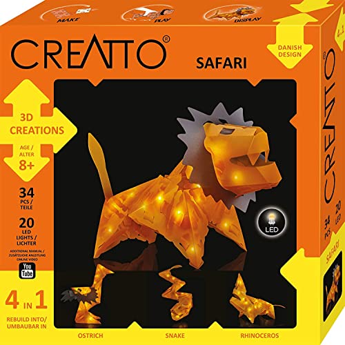 KOSMOS 3553 CREATTO Safari 3D-Leuchtfiguren entwerfen, 3D-Puzzle-Set für Löwe, Vogelstrauß, Schlange, Nashorn, kreative Zimmer-Deko, 34 Steckteile, 20-tlg LED-Lichterkette, Yellow von Thames & Kosmos