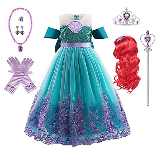 Kosplay Mädchen Ariel Prinzessin Kostüm mit Accessoires Perücken Meerjungfrau Verkleidung Kinder Geburtstag Party Weihnachten Halloween Karneval Cosplay Prinzessin Kleid von Kosplay