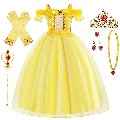 Kosplay Mädchen Belle Prinzessin Kleid mit Zubehör Kinder die Schöne und das Biest Kostüm Kinder Prinzessin Verkleidung Weihnachten Geburtstag Party Halloween Karneval Cosplay Kleider von Kosplay