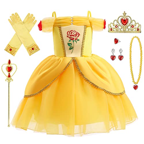 Kosplay Mädchen Belle Prinzessin Kleid mit Zubehör Kinder die Schöne und das Biest Kostüm Prinzessin Verkleidung Geburtstag Party Weihnachten Halloween Karneval Cosplay Kleider von Kosplay