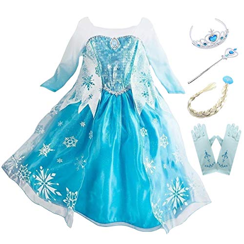 Kosplay Mädchen Eiskönigin ELSA Kostüm Schneekönigin Kleid Kinder Verkleidung Karneval Party Cosplay Fasching Halloween Weihnachtsfeier Kostüm mit Zubehör von Kosplay