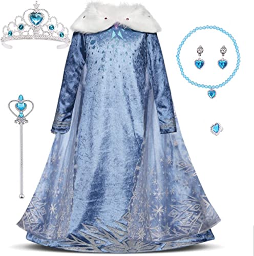 Kosplay Mädchen Eiskönigin ELSA Kostüm mit Umhang Schneeflocken Kleid mit Plüschkragen Kinder Schneekönigin Prinzessin Kleid Party Cosplay Fasching Halloween Weihnachtsfeier Kostüm Blau von Kosplay