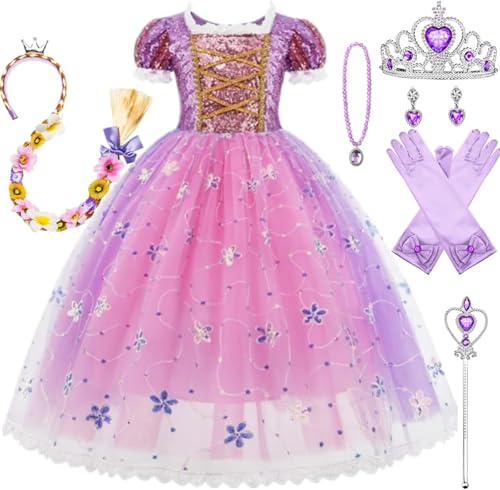 Kosplay Mädchen Prinzessin Rapunzel Kostüm mit Accessoires Kinder Prinzessin Verkleidung Geburtstag Party Weihnachten Halloween Karneval Cosplay Prinzessin Kleid von Kosplay