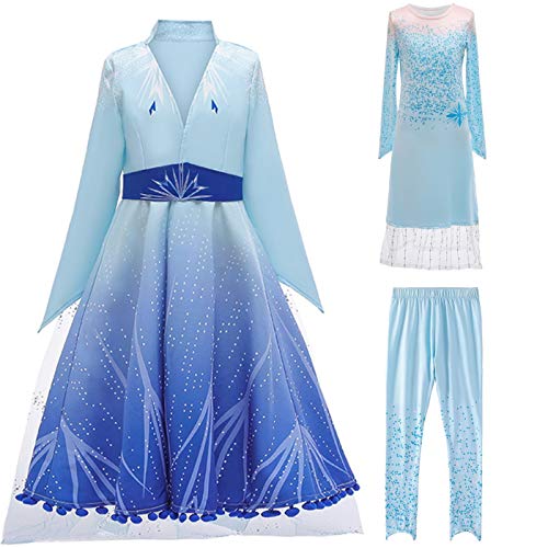 Kosplay Mädchen Prinzessin Schneekönigin Eiskönigin 2 ELSA Kostüm Langarm Kleid Outerwear Hosen Outfit Set Kinder Geburtstag Party Ankleiden Karneval Cosplay Fasching Kostüm von Kosplay