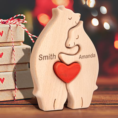 Kowlone Personalisiertes Holzkunstpuzzle der Bärenfamilie Geschenk mit 1-8 Namen, We Are One Holz Bär Tier Skulpturen Desktop Ornament Heim Tischdekoration Ideen für Weihnachts Jubiläum Geburtstag von Kowlone