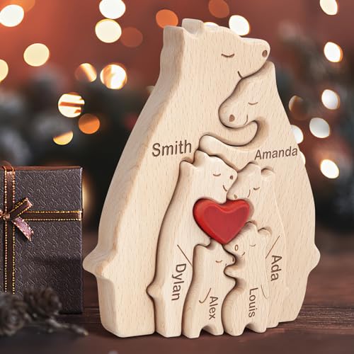 Kowlone Personalisiertes Holzkunstpuzzle der Bärenfamilie Geschenk mit 1-8 Namen, We Are One Holz Bär Tier Skulpturen Desktop Ornament Heim Tischdekoration Ideen für Weihnachts Jubiläum Geburtstag von Kowlone