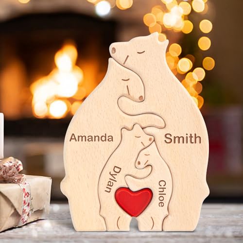 Kowlone Personalisiertes Holzkunstpuzzle der Bärenfamilie Geschenk mit 1-8 Namen, We Are One Holz Bär Tier Skulpturen Desktop Ornament Heim Tischdekoration Ideen für Weihnachts Jubiläum Geburtstag von Kowlone