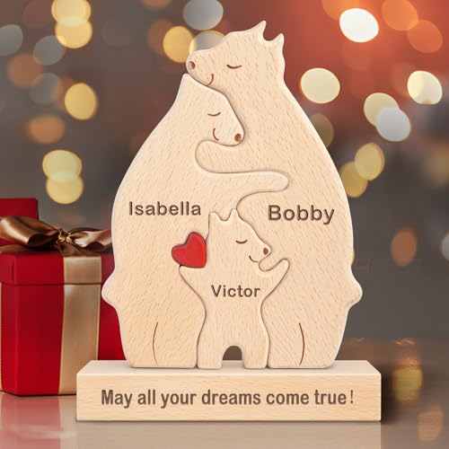 Kowlone Personalisiertes Holzkunstpuzzle der Bärenfamilie Geschenk mit 1-8 Namen, We Are One Holz Bär Tier Skulpturen Desktop Ornament Heim Tischdekoration Ideen für Weihnachts Jubiläum Geburtstag von Kowlone