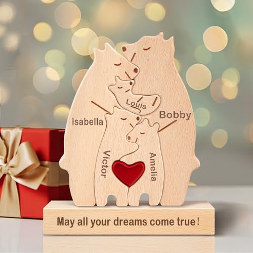 Kowlone Personalisiertes Holzkunstpuzzle der Bärenfamilie Geschenk mit 1-8 Namen, We Are One Holz Bär Tier Skulpturen Desktop Ornament Heim Tischdekoration Ideen für Weihnachts Jubiläum Geburtstag von Kowlone