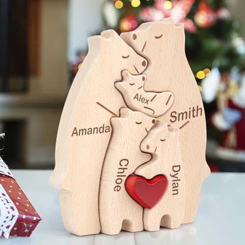 Kowlone Personalisiertes Holzkunstpuzzle der Bärenfamilie Geschenk mit 1-8 Namen, We Are One Holz Bär Tier Skulpturen Desktop Ornament Heim Tischdekoration Ideen für Weihnachts Jubiläum Geburtstag von Kowlone