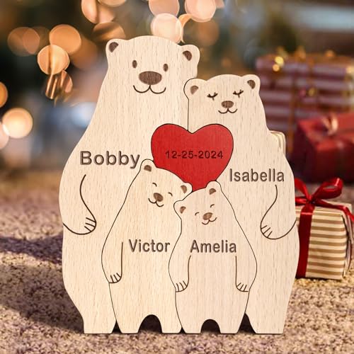 Personalisiertes Holzkunstpuzzle der Bär Familie mit 1-8 Namen, benutzerdefinierte Familienname Skulptur Jigsaw, Tier Dekorativ Ornament Ideen für Geburtstag Weihnachten Jubiläum Muttervatertag von Kowlone