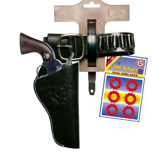 Cowboy Gürtel verstellbar aus Kunstleder & Metall mit Western-Pistole 25 cm lang inkl. 144 Schuss-Munition Kostüm-Zubehör Fasching Karneval (Pistole mit Gürtel Pferde-Motiv Schwarz) von Krause & Sohn