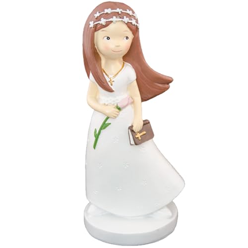 Kommunion Deko Tortenfigur für Kommunionskuchen Mädchen Junge weiß Dekoration Tisch-Deko (Mädchen mit langen Haaren & Blume) von Krause & Sohn