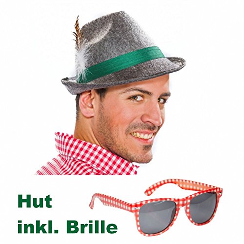 Krause & Sohn Oktoberfest Hut grau inkl. Brille rot-weiß kariert Trachtenhut Sonnenbrille von Krause & Sohn