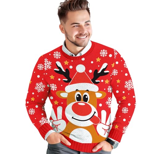 Krause & Sohn Weihnachtspullover Christmas Sweater Rentier Rudolph für Herren Gr. 48-56 Rot Ugly Christmas Sweater Weihnachten Winter Partnerlook (48/50 (M)) von Krause & Sohn