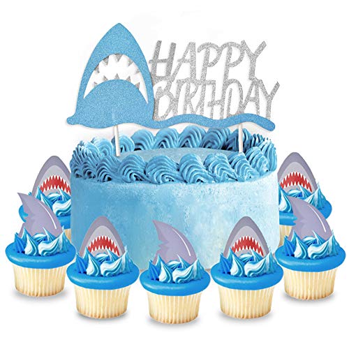 Ein Haifisch Cake Topper Tortenaufsätze Geburtstag Glitter Haifischzähne Cupcake Toppers X 24 für Haifisch Geburtstag Party Supplies von Kreatwow