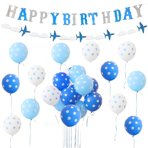 Flugzeug Geburtstag Dekorationen für Jungen blau Vintage Flugzeug Ballons Glitter Happy Birthday Banner Girlande für Wolke Flugzeug Thema Geburtstag Party Baby Dusche Dekorationen Zubehör von Kreatwow