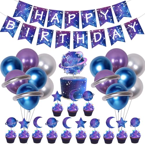 Galaxy Birthday Party Dekorationen für Kinder Weltraum Sternenhimmel Themen Alles Gute zum Geburtstag Banner Metallic Foil Ballons Planet Kuchen Topper Für Sonnensystem Themen Geburtstagsfeier von Kreatwow