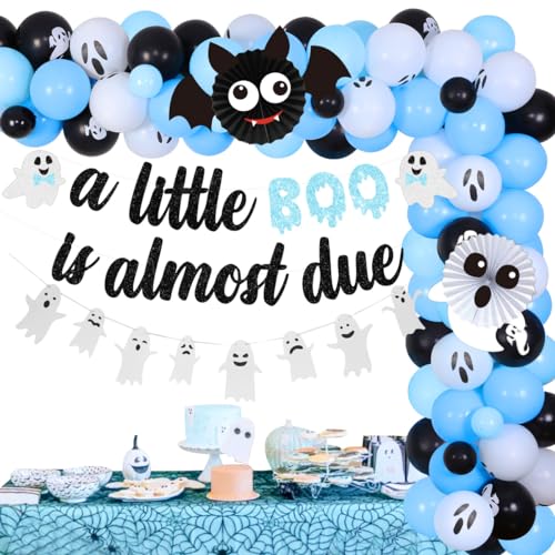 Halloween Babyparty Party Dekorationen für Jungen Blau A Little Boo is Almost Due Banner Girlande Geist Fledermaus Ballon für Halloween Kürbis Babyparty Schwangerschaft Feier Geschlecht Offenbarung von Kreatwow