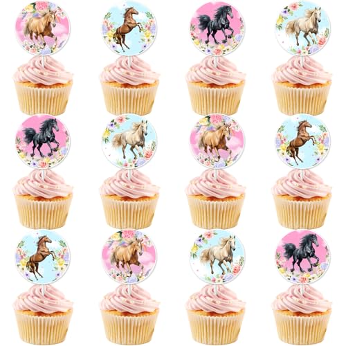 Kreatwow 24pcs Pferd Kuchen Topper Pferd Geburtstag Dekorationen für Mädchen Western Cowgirl Geburtstag Party Dekorationen Blumen Western Thema Geburtstag Party Pferderennen Geburtstag von Kreatwow